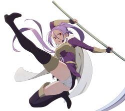 Rule 34 | 1girl, armor, boots, breastplate, cape, full body, hair ornament, highres, holding, holding scythe, holding weapon, long hair, mito (sao), panties, polearm, ponytail, puge, purple hair, red eyes, scythe, sword art online, sword art online progressive, thigh boots, underwear, weapon, white cape, white panties, x hair ornament