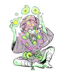 1boy @_@ asymmetrical_eyes barefoot bead_necklace beads colored_sclera dancho_no_mori earrings energy_ball eyepatch gen_4_pokemon green_eyes green_sclera hands_up highres japanese_clothes jewelry kimono magatama magatama_earrings male_focus necklace nintendo odd_keystone personification pokemon ponytail purple_hair purple_kimono sentaronao short_kimono spiritomb yellow_eyes