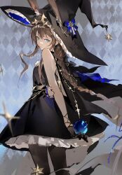 Rule 34 | 1girl, amiya (arknights), arknights, back, bare shoulders, black dress, black gloves, black hair, blue eyes, blue ribbon, braid, brown hair, brown pantyhose, dress, frilled skirt, frills, gloves, half gloves, hat, hat ribbon, highres, holding orb, lirisy, long hair, looking at viewer, pantyhose, ribbon, skirt, solo, standing, witch hat