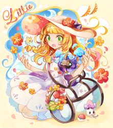 1girl bag blonde_hair braid coco7 comfey cosmog creatures_(company) cutiefly dress duffel_bag flower game_freak gen_7_pokemon green_eyes hat legendary_pokemon lillie_(pokemon) long_hair morelull nintendo open_mouth poke_ball pokemon pokemon_(creature) pokemon_sm sitting sleeveless sleeveless_dress sun_hat twin_braids white_dress white_hat