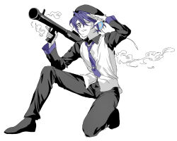 1girl aa_kabeuchi beret collared_shirt commentary_request exhaust full_body hat highres holding holding_rocket_launcher holding_weapon index_finger_raised long_sleeves necktie on_one_knee one_eye_closed open_mouth pants partially_colored purple_eyes purple_hair purple_necktie robot_ears rocket_launcher shading_eyes shirt shoes short_hair simple_background smirk smoke solo utane_uta utau weapon