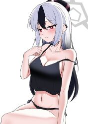 1girl absurdres alternate_costume black_camisole black_hair black_panties blackpoteworx blue_archive blush breasts camisole cleavage collarbone commentary_request demon_girl demon_horns ear_piercing grey_halo halo highres horns kayoko_(blue_archive) long_hair medium_breasts midriff multicolored_hair navel panties piercing red_eyes simple_background smile solo thighs two-tone_hair underwear white_background white_hair