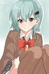 Rule 34 | 1girl, alternate hair length, alternate hairstyle, aqua hair, blush, bow, bowtie, breasts, brown jacket, brown skirt, cardigan, green background, green eyes, hair ornament, hairclip, highres, jacket, kantai collection, large breasts, looking at viewer, noruren, pleated skirt, school uniform, shirt, short hair, sitting, skirt, smile, solo, suzuya (kancolle), suzuya kai ni (kancolle), thighhighs, white shirt