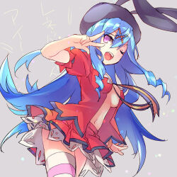 1girl blue_hair breasts dress drill_hair emil_chronicle_online medium_breasts miniskirt navel open_clothes open_mouth purple_eyes rabbit_ear_headwear red_dress renet_(eco) sideboob skirt striped_clothes striped_thighhighs thighhighs wanko_(takohati8)