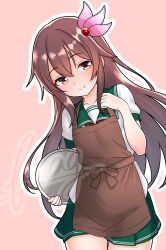 1girl absurdres apron arm_up brown_apron brown_eyes brown_hair commentary_request cowboy_shot furaggu_(frag_0416) green_sailor_collar green_skirt hair_ornament highres holding holding_tray kantai_collection kisaragi_(kancolle) long_hair looking_at_viewer neckerchief pleated_skirt red_neckerchief sailor_collar school_uniform serafuku short_sleeves skirt smile solo tray watermark