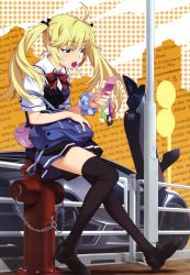 10s 1girl absurdres ahoge bag black_thighhighs blonde_hair blue_eyes bow candy car cellphone cellphone_strap chain female_focus fire_hydrant food grisaia_(series) grisaia_no_kajitsu highres lamborghini legs loafers lollipop long_hair matsushima_michiru motor_vehicle mouth_hold phone scan school_bag school_uniform shoes sitting skirt solo thighhighs twintails watanabe_akio wrist_cuffs zettai_ryouiki