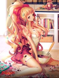 1girl 2010 2014 apron aqua_nails basket blonde_hair book bookshelf bow bowl brand_name_imitation breasts chocolate chocolate_making chocolate_on_body chocolate_on_breasts cleavage company_name copyright_name cupcake dated donut fishnet_thighhighs fishnets flower food food_on_body fruit furyou_michi_~gang_road~ gang_road_joker garter_straps hair_bow hair_ornament hair_ribbon heart hershey&#039;s_kisses highres jar jewelry large_breasts licking licking_finger long_hair looking_at_viewer mixing_bowl nail_polish natae_sora necklace on_floor open_mouth osuk2 osuk2_(osugi) pendant plaid_clothes plaid_skirt pony_(animal) ponytail ribbon rose sidelocks sitting skirt sparkle sprinkles star_(symbol) star_hair_ornament strawberry tasting thighhighs tulip very_long_hair whisk yellow_eyes yellow_flower yellow_rose