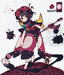 1girl barefoot black_hair blush_stickers calligraphy_brush character_doll doll fate/grand_order fate_(series) full_body giant_brush highres holding holding_paintbrush ink japanese_clothes katsushika_hokusai_(fate) kimono octopus oimo_(14sainobba) paintbrush short_hair solo tokitarou_(fate)