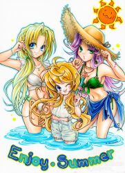 Rule 34 | 3girls, ahoge, angela (seiken densetsu 3), bare shoulders, bikini, blonde hair, blue eyes, blue sarong, bracelet, braid, breasts, charlotte (seiken densetsu 3), cleavage, closed mouth, cowboy shot, denim, denim shorts, earrings, flower bracelet, frilled sleeves, frills, green bikini, green eyes, green nails, hair tie, hand in own hair, hat, highres, holding, holding water gun, hori wo, jewelry, long hair, low ponytail, medium breasts, midriff, multiple girls, nail polish, navel, necklace, one eye closed, parted bangs, partially submerged, ponytail, purple hair, riesz, sarong, seiken densetsu, seiken densetsu 3, shirt, shorts, side braid, sidelocks, smile, straw hat, summer, sun, sun hat, swimsuit, tongue, tongue out, water gun, white background, white bikini, white shirt