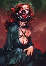 1girl absurdres barbed_wire black_nails blood breasts brown_hair choker cleavage commentary dress gimp_mask green_dress halo highres horror_(theme) jcm2 large_breasts long_hair mask mutilation o-ring o-ring_choker off_shoulder original razor_blade red_eyes sitting solo symbol-only_commentary teeth tongue tongue_out upper_teeth_only