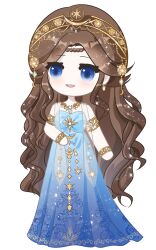 Rule 34 | 1girl, absurdres, beads, blue dress, blue eyes, bracelet, braid, circlet, deformed, diamond print, dress, earrings, eyelashes, gold armlet, gold bracelet, gold necklace, hair beads, hair ornament, hand on own stomach, happy, highres, infinity nikki, jewelry, light particles, long dress, moonlight oath (infinity nikki), necklace, nikki (series), open mouth, sidelocks, simple background, smile, solo, standing, strapless, strapless dress, tareme, white background, zhizhizhizhizhizong