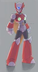Rule 34 | 1boy, armor, blonde hair, chest jewel, clenched hands, forehead jewel, full body, grey background, helmet, long hair, male focus, maverick vava, mega man (series), mega man x (series), red armor, red helmet, simple background, solo, watermark, zero (mega man)