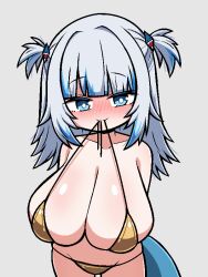 1girl :3 alternate_breast_size arms_behind_back bare_shoulders bikini blue_eyes blue_hair blunt_bangs blush breasts bright_pupils closed_mouth collarbone commentary cowboy_shot dot_nose fins fish_tail gawr_gura gold_bikini grey_background groin hair_ornament hololive hololive_english huge_breasts ink_(inksgirls) long_hair looking_at_viewer micro_bikini mouth_hold multicolored_hair shark_girl shark_hair_ornament shark_tail short_twintails sidelocks simple_background skindentation solo standing straight_hair streaked_hair swimsuit symbol-only_commentary tail twintails two-tone_hair two_side_up virtual_youtuber white_hair white_pupils