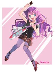 1girl arm_up artist_name belt belt_buckle belt_pouch black_shirt blue_eyes breasts buckle card character_name commentary duel_disk full_body guitar hand_up high_heels highres holding holding_card holding_guitar holding_instrument instrument kirishima_romin kuroda_(kuro_yyy) long_hair looking_at_viewer miniskirt multiple_belts open_mouth pantyhose pink_background pouch purple_hair purple_pantyhose red_shoes red_skirt shirt shoes signature skirt small_breasts smile solo teeth thigh_belt thigh_strap trading_card upper_teeth_only yu-gi-oh! yu-gi-oh!_sevens