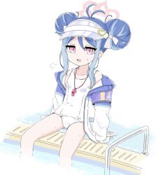 1girl ahoge bare_shoulders blue_archive blue_hair blush breasts collarbone double_bun fubuki_(blue_archive) hair_bun halo highres jacket loli long_hair long_sleeves looking_at_viewer morita_(mofuball319) off_shoulder one-piece_swimsuit open_clothes open_jacket open_mouth pink_eyes pool purple_eyes school_swimsuit shirt sidelocks simple_background single_hair_bun sitting small_breasts smile soaking_feet solo swimsuit twintails water wet white_background