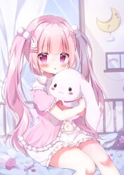 Rule 34 | 1girl, baby bottle, bedroom, blunt bangs, blush, bottle, chestnut mouth, clock, crib, curtains, frilled shirt, frilled shorts, frilled sleeves, frills, hair ornament, hairclip, hanasakichu, highres, holding, holding stuffed toy, indoors, long hair, midriff, navel, open mouth, original, pink eyes, pink hair, pom pom (clothes), pom pom hair ornament, rabbit hair ornament, shirt, shorts, sitting, solo, stuffed animal, stuffed rabbit, stuffed toy, twintails, very long hair, wall clock, window
