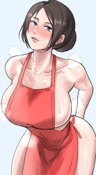 1girl absurdres apron arms_behind_back blue_eyes blush breasts brown_hair collarbone hair_bun highres large_breasts leaning_forward light_smile looking_at_viewer mature_female miya_nns35 mole mole_under_eye naked_apron original parted_lips red_apron seductive_smile sideboob sidelocks simple_background smile solo steam steaming_body sweat thick_thighs thighs