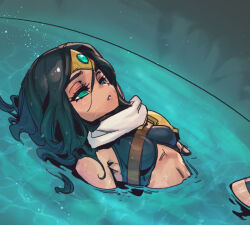 1girl bare_shoulders black_hair breasts forehead_jewel forehead_protector gem green_eyes hair_between_eyes league_of_legends long_hair medium_breasts parted_lips phantom_ix_row sivir solo teeth wet