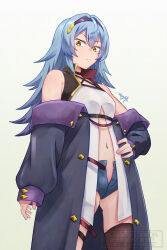 1girl absurdres blue_hair breasts brown_thighhighs closed_mouth denim denim_shorts dress expressionless hair_between_eyes hairband hand_on_own_hip highres jacket katainaka_no_ossan_kensei_ni_naru long_hair looking_at_viewer medium_breasts mewi_freya midriff mutsuki_(mutsuki0110) navel off_shoulder purple_hairband purple_jacket shorts signature simple_background solo thighhighs unbuttoned white_background white_dress yellow_eyes