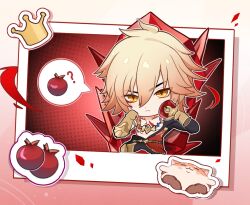 1boy black_coat black_pants blonde_hair braid chest_tattoo chibi clawed_gauntlets coat crystal cup eren_330520 facial_tattoo food fruit gold_necklace gradient_hair hair_between_eyes hashtag-only_commentary highres holding holding_cup honkai:_star_rail honkai_(series) jewelry male_focus medium_hair multicolored_hair mydei_(honkai:_star_rail) necklace open_clothes open_coat pants pomegranate red_hair red_tattoo side_braid sitting solo spoken_food tattoo yellow_eyes