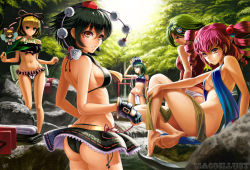 5girls alternate_hairstyle ass bad_id bad_pixiv_id bare_shoulders barefoot bikini bikini_skirt black_bikini black_gloves black_hair blonde_hair blue_eyes breasts censored convenient_censoring drill_hair fairy_wings feet female_focus fingerless_gloves flower forest fundoshi gloves green_eyes green_hair hair_bobbles hair_flower hair_ornament hat unworn_hat hat_ribbon unworn_headwear japanese_clothes kazami_yuuka lily_of_the_valley long_hair looking_at_viewer looking_back maco_(macoillust) md5_mismatch medicine_melancholy midriff multiple_girls nature navel nude onozuka_komachi parted_lips phantasmagoria_of_flower_view pink_eyes pink_hair pom_pom_(clothes) red_eyes ribbon shameimaru_aya shiki_eiki short_hair sideboob sitting soles su-san swimsuit tokin_hat torii touhou towel twin_drills twintails underboob water wings