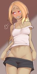1girl absurdres black_pants blonde_hair blush breasts brown_background cleavage clothes_pull collarbone covered_erect_nipples cowboy_shot dark-skinned_female dark_skin embarrassed female_focus forehead from_below gravity_daze highres kitten_(gravity_daze) long_hair looking_away medium_breasts midriff navel nickleflick nipples no_panties pants red_eyes revision shadow shirt short_shorts shorts sidelocks simple_background solo strap_slip tank_top undressing white_shirt