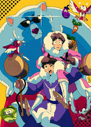 1boy 1girl basket bear bird black_hair brown_hair cabbage carrot carrying cleats coat eggplant hammer highres ice_climber nana_(ice_climber) nintendo parka piggyback pink_coat polar_bear popo_(ice_climber) purple_coat radish scared sunglasses super_smash_bros. tamarinfrog