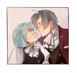 1boy 1girl 79x_(ox79xo) ace_attorney black_vest blue_hair blush formal_clothes franziska_von_karma grey_hair highres looking_at_another miles_edgeworth red_suit shirt suit vest white_shirt