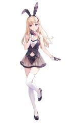 Rule 34 | 1girl, absurdres, animal ears, ayase saki, black gloves, black jacket, blonde hair, blue eyes, blush, bow, bowtie, breasts, bunny day, cleavage, crop top, earrings, fake animal ears, full body, gimai seikatsu, gloves, highres, hiten (hitenkei), jacket, jewelry, long hair, medium breasts, navel, official art, open clothes, open jacket, rabbit ears, see-through clothes, see-through skirt, simple background, skirt, stomach, thighhighs, thighs, white background, white thighhighs, wrist cuffs