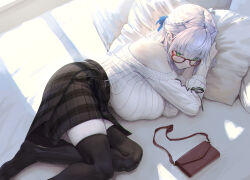 1girl absurdres bag belt black_thighhighs braid breast_rest breasts brown_skirt closed_mouth commentary_request foot_out_of_frame green_eyes grey_hair hair_ribbon half_up_half_down_braid handbag hands_in_own_hair head_on_pillow highres hololive large_breasts lips lying medium_hair no_shoes off_shoulder official_alternate_costume official_alternate_hairstyle on_bed on_side phoebe_(user_vvpf4584) pillow plaid_clothes plaid_skirt red-framed_eyewear ribbed_sweater ribbon shirogane_noel shirogane_noel_(casual) sidelighting skirt solo sweater sweater_tucked_in thighhighs three-quarter_sleeves unworn_bag virtual_youtuber