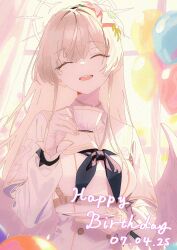 1girl ^_^ balloon black_neckerchief blonde_hair blue_archive chamal_z closed_eyes commentary_request cup dated dress facing_viewer fingernails flower hair_flower hair_ornament halo happy_birthday holding holding_cup holding_saucer indoors long_hair long_sleeves nagisa_(blue_archive) neckerchief saucer smile solo straight_hair teacup very_long_hair white_dress