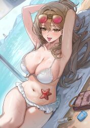 1girl absurdres ariko_(aaaaarik) armpits arms_behind_head arms_up artist_name azur_lane bare_shoulders beach_mat bikini breasts brown_eyes brown_hair cleavage commentary dutch_angle eyewear_on_head frilled_bikini frills hair_between_eyes hair_intakes hair_spread_out highres lace lace-trimmed_bikini lace_trim large_breasts lion_(azur_lane) lion_(the_reclining_dandelion)_(azur_lane) long_hair looking_at_viewer lying navel ocean official_alternate_costume on_side open_mouth outdoors pink-tinted_eyewear ponytail revision shirt slit_pupils smile solo starfish stomach string_bikini swimsuit symbol-only_commentary teeth thighs tinted_eyewear tongue tongue_out upper_teeth_only very_long_hair water wet white_bikini