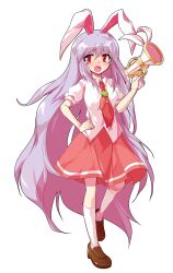 1girl animal_ears blush breasts brown_shoes collared_shirt commentary_request dairi food-themed_ornament full_body gun hand_on_own_hip handgun highres holding holding_gun holding_weapon kneehighs large_variant_set loafers long_hair lop_rabbit_ears lunatic_gun necktie puffy_short_sleeves puffy_sleeves purple_hair rabbit_ears red_necktie red_skirt reisen_udongein_inaba serious shirt shoes short_sleeves skirt socks solo standing standing_on_one_leg tachi-e tie_clip touhou transparent_background untucked_shirt variant_set very_long_hair weapon white_shirt white_socks wing_collar