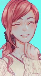1girl aqua_background artist_name brown_hair cable_knit closed_eyes commentary english_commentary eyelashes kurashiki_akane kyokugen_dasshutsu lips long_sleeves meep painttool_sai_(medium) ponytail portrait simple_background smile solo teeth zero_escape:_toki_no_dilemma