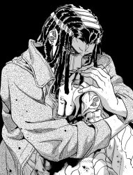 Rule 34 | 2girls, blood, blood from mouth, blood on clothes, blood on face, crying, death, dreadlocks, earrings, empty eyes, ermes costello, eyes visible through hair, frown, gloria costello, greyscale, hug, jacket, jeonjin (mynamebazin), jewelry, jojo no kimyou na bouken, monochrome, multicolored hair, multiple girls, serious, siblings, sisters, stone ocean, streaming tears, stud earrings, tears, two-tone hair