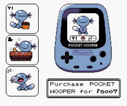 animal_focus animated animated_gif bathtub commentary eating english_commentary english_text gen_2_pokemon handheld_game_console niinjamal nintendo no_humans parody pixel_art pocket_pikachu poke_ball poke_ball_(basic) pokemon pokemon_(creature) rubber_duck simple_background sleeping virtual_pet_(toy) white_background wooper zzz