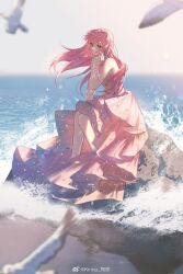 Rule 34 | 1girl, bare legs, bare shoulders, beads, bird, blue sky, bored, brown eyes, closed mouth, coral print, dress, floating hair, full body, gown, hair beads, hair ornament, hand on own cheek, hand on own face, highres, kirina zero, knee up, long dress, looking ahead, nikki (nikki), nikki (series), ocean, on rock, pink dress, seagull, shining nikki, shore, sidelocks, sitting, sky, solo, strapless, strapless dress, watermark, wave&#039;s shallow ballad (shining nikki), waves, weibo watermark, wind