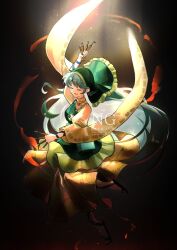 Rule 34 | 1girl, apron, blue hair, chisel, closed eyes, dress, green apron, green headscarf, green hood, green scarf, haniyasushin keiki, headscarf, highres, jewelry, long hair, magatama, magatama necklace, necklace, open mouth, puffy sleeves, rokuya (68 zusao), scarf, single strap, solo, tools, touhou, wood carving tool, yellow dress