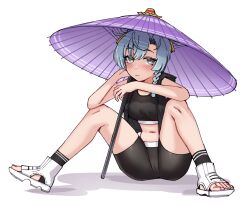 1girl bike_shorts black_shirt blue_eyes blue_hair blush braid cameltoe commentary_request elbows_on_knees highres hooded_shirt kantai_collection kiritto looking_at_viewer navel official_alternate_costume oil-paper_umbrella open-toe_shoes purple_umbrella shimane_maru_(kancolle) shimane_maru_(rainy_season)_(kancolle) shirt short_hair side_braids simple_background sleeveless sleeveless_shirt solo spread_legs twin_braids umbrella white_background