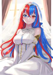 1girl alternate_costume bare_shoulders blue_eyes blue_hair blush breasts bridal_veil bride closed_mouth crossed_bangs dress elbow_gloves female_alear_(fire_emblem) fire_emblem fire_emblem_engage gloves hair_between_eyes heterochromia highres large_breasts long_hair looking_at_viewer medium_breasts multicolored_hair nintendo red_eyes red_hair smile solo split-color_hair tarutaru193 tiara two-tone_hair veil very_long_hair wedding_dress white_dress white_gloves