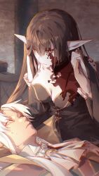 Rule 34 | 1boy, 1girl, absurdres, amakusa shirou (fate), artist request, ascot, black hair, blood, blood on clothes, blood on face, breasts, chinese commentary, cleavage, commentary request, commission, earrings, fate/grand order, fate (series), highres, holding hands, jewelry, large breasts, long hair, looking at another, lying, on back, pointy ears, second-party source, semiramis (fate), shirt, very long hair, white hair, yellow eyes