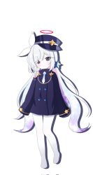 1girl :&lt; alternate_costume alternate_hairstyle black_eyes black_jacket blue_archive blue_necktie bow braid closed_mouth cookie_run cookie_run:_kingdom cosplay full_body hair_bow hair_ornament hair_over_one_eye halo hat highres iisa111111 jacket long_hair long_sleeves looking_at_viewer milky_way_cookie milky_way_cookie_(cosplay) mismatched_pupils multicolored_hair necktie no_shoes pantyhose peaked_cap pink_hair plana_(blue_archive) red_halo red_pupils simple_background single_braid sleeves_past_fingers sleeves_past_wrists solo star_(symbol) star_hair_ornament very_long_hair white_background white_bow white_hair white_pantyhose
