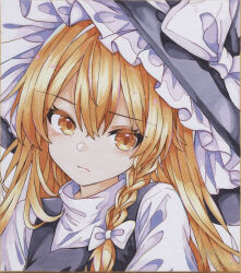 Rule 34 | 1girl, 870hanamarumomo, black hat, black vest, blonde hair, bow, braid, closed mouth, commentary request, dated, hair bow, hat, hat bow, highres, kirisame marisa, light frown, long hair, looking at viewer, shikishi, side braid, signature, single braid, solo, touhou, traditional media, vest, white bow, witch hat, yellow eyes