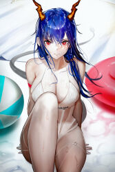 1girl absurdres arknights armlet ball bare_shoulders beachball bikini blue_hair breasts ch&#039;en_(arknights) closed_mouth collarbone dragon_horns dragon_tail ganet_p hair_between_eyes highres horns jewelry knee_up large_breasts long_hair looking_at_viewer o-ring red_eyes solo swimsuit tail thighs white_bikini