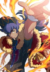 1boy argyle arm_up baseball_cap bite_addict black_hat cape champion_uniform closed_mouth dark-skinned_male dark_skin dynamax_band facial_hair fire floating_hair fur-trimmed_cape fur_trim gloves hat highres leon_(pokemon) long_hair male_focus nintendo partially_fingerless_gloves pokemon pokemon_swsh purple_hair red_cape shield_print shirt short_sleeves simple_background single_glove smile solo sword_print w white_background yellow_eyes
