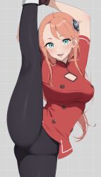 1girl aida_rayhunton aqua_eyes arms_up black_pants blush breasts buttons campbell_xx cleavage_cutout clothing_cutout commentary_request gluteal_fold gundam gundam_g_no_reconguista hairpods highres large_breasts long_hair looking_at_viewer open_mouth pants patterned_background pink_hair red_shirt shirt short_sleeves simple_background smile solo split standing standing_on_one_leg standing_split teeth tight_clothes tight_pants upper_teeth_only