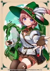1girl bard belt blush brown_belt brown_gloves brown_hair brown_skirt cape fingerless_gloves gloves green_cape green_headwear hat_feather highres instrument jack_and_the_beanstalk lyre mahiro_(mahiron1062) official_art purple_eyes sasuga_chisa short_hair skirt smile solo thighhighs world_dai_star