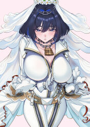 1girl absurdres blue_hair breasts bridal_veil cosplay creator_connection dress eipanguino fate/extra fate/extra_ccc fate_(series) heart heart-shaped_pupils highres hololive hololive_english large_breasts nero_claudius_(bride)_(fate) nero_claudius_(bride)_(fate)_(cosplay) nero_claudius_(fate) ouro_kronii short_hair solo symbol-shaped_pupils veil wedding_dress zipper