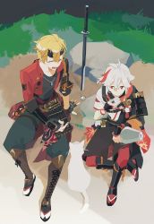 2boys black_gloves blonde_hair bottle cat choko_(cup) closed_eyes commentary cup day dog_tags fake_horns fingerless_gloves genshin_impact gloves grave hair_between_eyes headband holding holding_cup horned_headwear horns japanese_clothes kaedehara_kazuha katana leaf_print long_hair male_focus multicolored_hair multiple_boys open_mouth outdoors planted planted_sword planted_weapon ponytail red_eyes red_hair sitting streaked_hair sword symbol-only_commentary thoma_(genshin_impact) tou1 vision_(genshin_impact) weapon white_cat white_hair