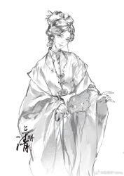 1girl banbi changmingsuo chinese_clothes cowboy_shot fingernails greyscale hair_bun hand_fan hanfu jewelry long_fingernails long_sleeves mandarin_collar monochrome necklace original procreate_(medium) ring ring_necklace solo tuanshan watermark weibo_watermark white_background wide_sleeves yu_mingqing_yeimq